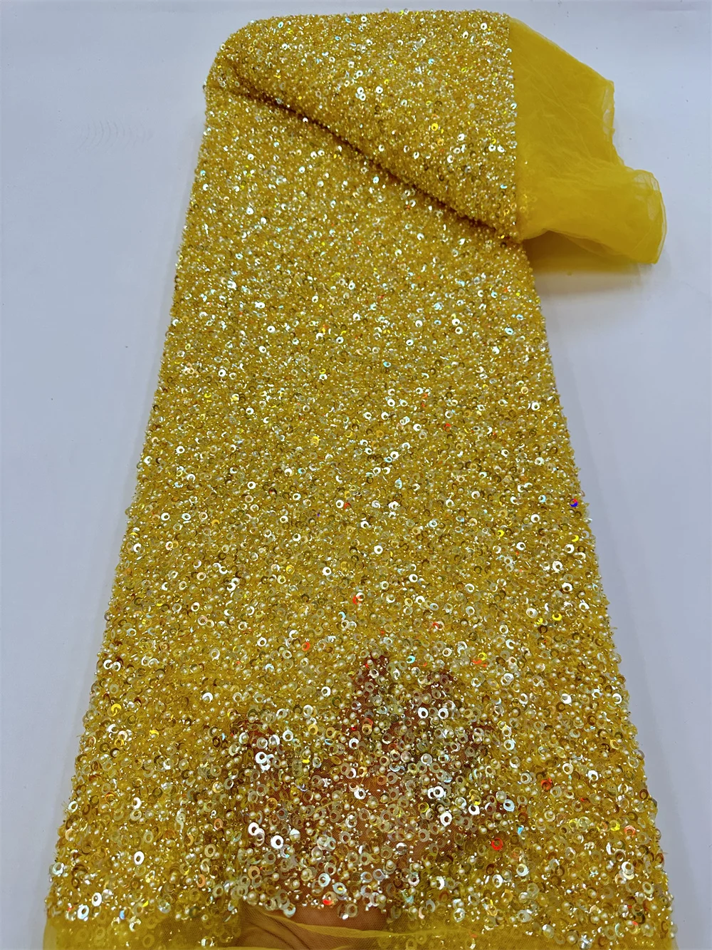 

Новое поступление, французская сетчатая кружевная ткань с бисером, желтая африканская Тюлевая кружевная ткань, роскошная вышивка блестками для фотоплатья RF80RH