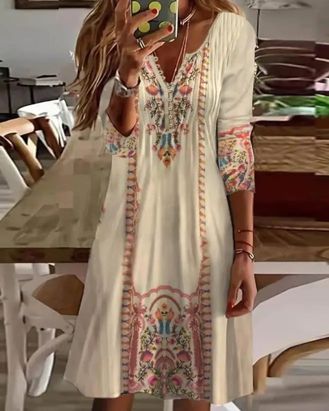 

Vintage Dresses for Women Tribal Print Button Detail Long Sleeve Scoop Neck Design Daily Fashion Summer Women Casual Midi Dress