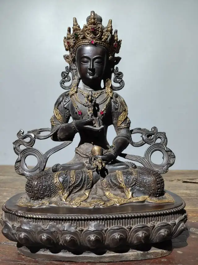 

11"Tibet Temple Collection Old Bronze Gilding Cinnabar Vajrasattva Sitting Buddha Lotus Platform Worship Hall Town house