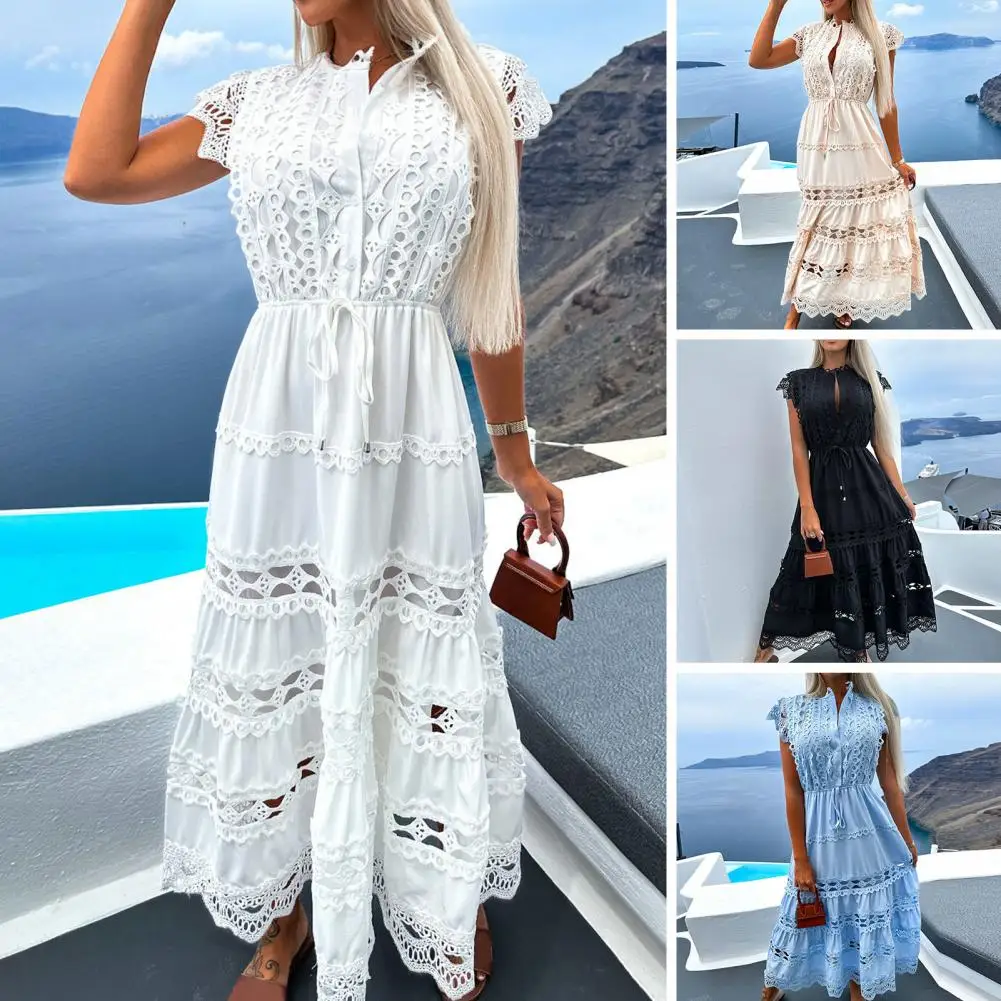 

Elegant Lace Embroidery Stitch Pleated Dresses Womem Fashion Stand Collar Button-up Linen Party Dress Chic Hollow Formal Dress