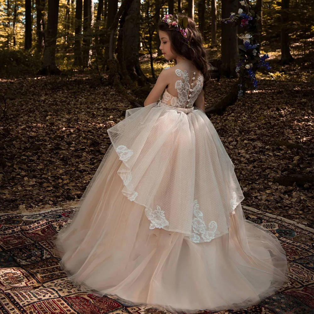 

Formal Champagne Flower Girl Dresses For Wedding Sheer Back Princess Gown Lace Bridesmaid Girls Holy First Communion Party Prom
