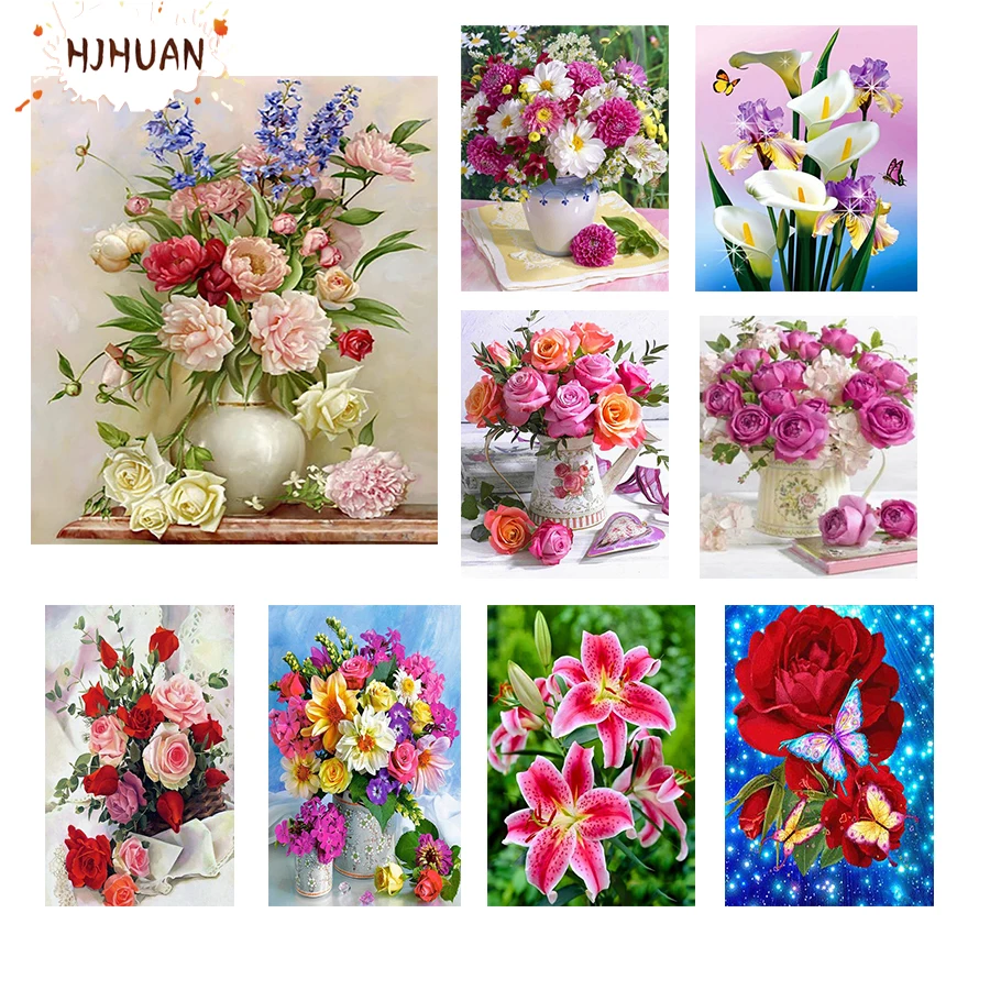 

Алмазная живопись 5D «сделай сам», цветы, ваза, Набор для вышивки крестиком, полная вышивка, искусство 3d, картина Стразы, домашний декор