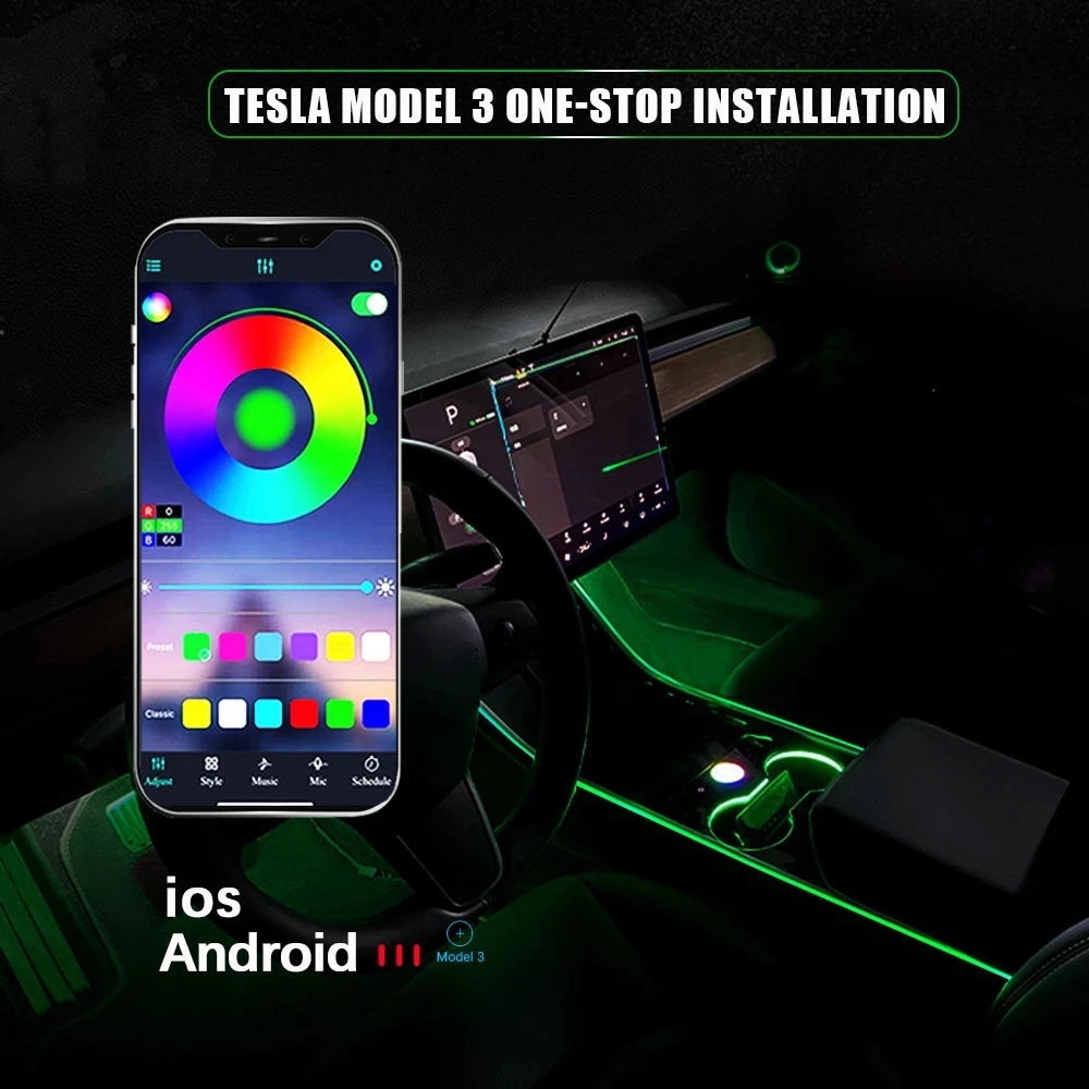 

Mobile APP Seven Color Control Adjustments Use With 2020 Tesla Model3 Center Console Control Atmosphere Light Car Accessories