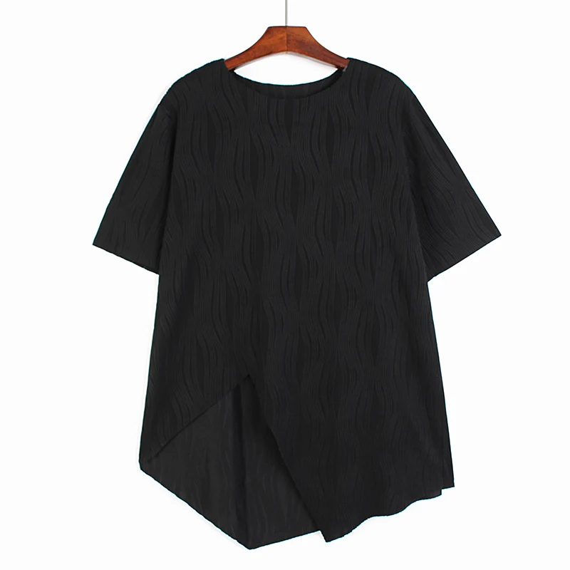 

2022 Female Black White Irregular Pleated Casual T-shirt New Round Neck Short Sleeve Fashion Tide Spring Summer