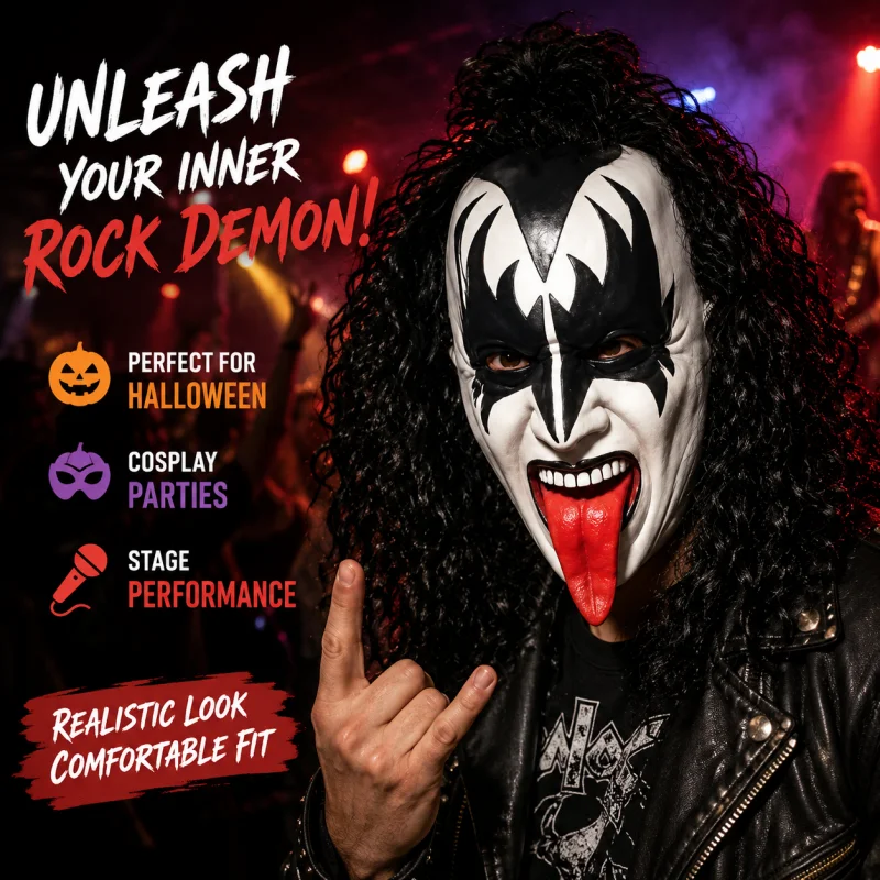 Фото Маска демона Джин Симмонс из группы KISS, реалистичная латексная маска с черным кудрявым париком для Хэллоуина, карнавала, косплей-вечеринки. №1