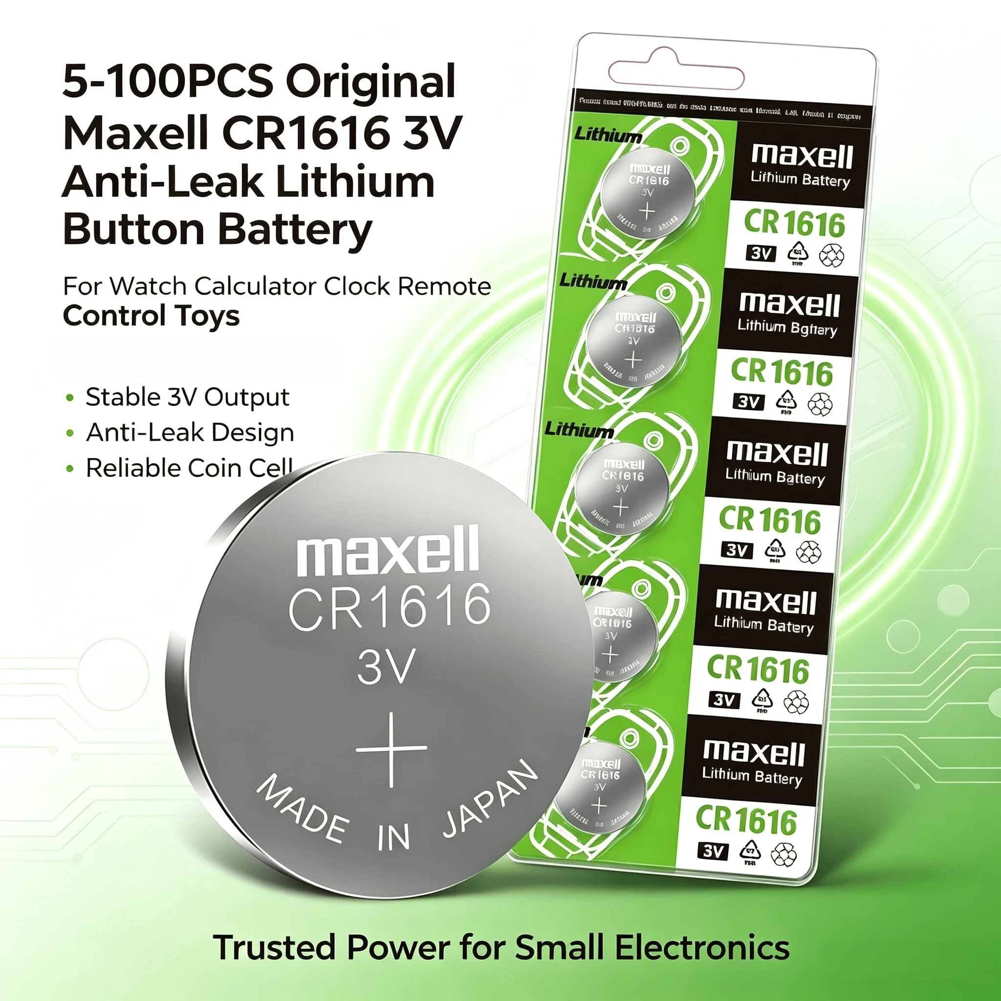 Фото 5-100 шт. оригинальных литиевых батареек Maxell CR1616 3V с защитой от протечек для часов, калькуляторов, пультов дистанционного управления, игрушек №1