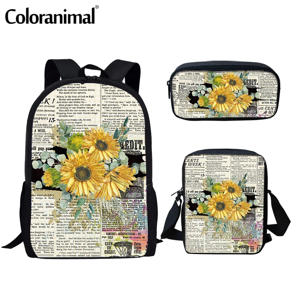 

Coloranimal Unisex Large-Capacity School Bag Set Sunflower in Newspaper Printed Girls Boys Backpack Casual Book Bag Set mochila