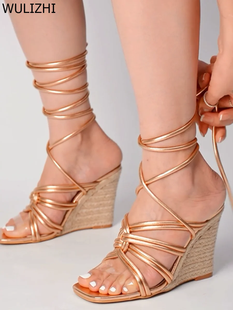 Colorful Striped Rope Wedge Espadarille Square Cross Pvc Gold Sandals Hollow Lace Open Slingback Heels Concise Gladiator Shoes