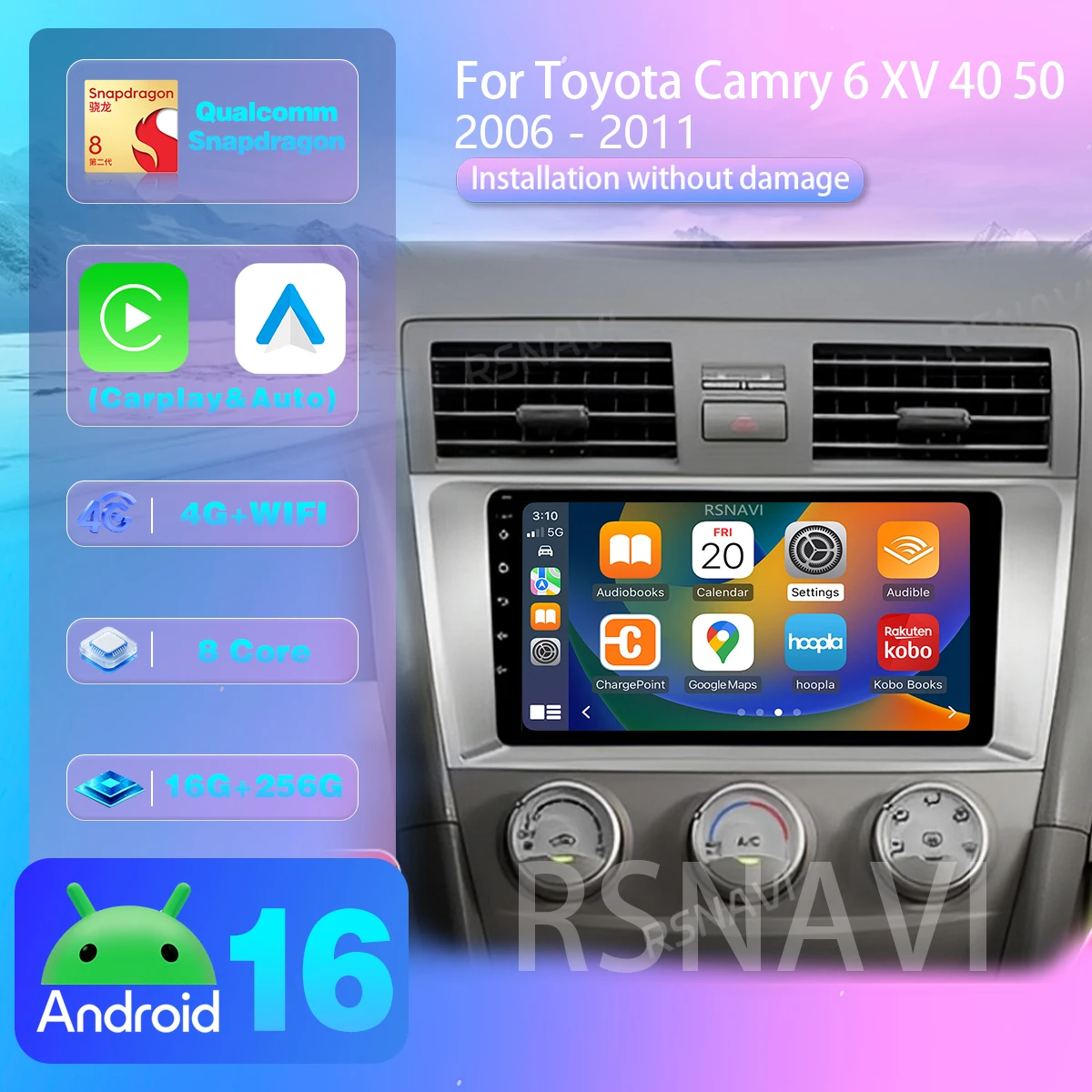 Фото Автомагнитола Android 16 для Toyota Camry 6 XV 40 50 2006-2011 с Carplay, Auto, Qualcomm, 2K QLED экраном, GPS, Wi-Fi, 4G, стерео и видео №1