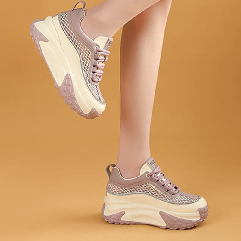 7cm Air Mesh Women Summer Shoes Platform Sneakers Soft Sole Chunky Heel Women Fashion Sneakers Breathable Sneakers Woman Shoes