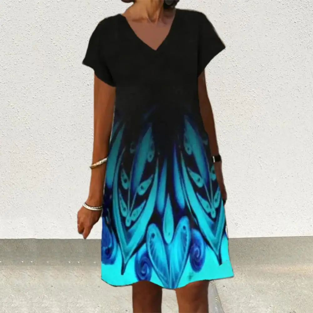 

V-Neck Loose Knee-Length Shift Dress Shining Printing Short Sleeve Summer Short Dress Stylish Knee-Length Shift Dress for Daily
