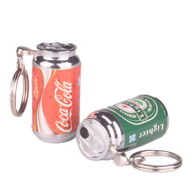 

Wholesale 2x4cm Creative Lighter Mini Cans Beer Cola Keychain Cigarette Lighter Open Flame Refillable Butane Gas Lighter
