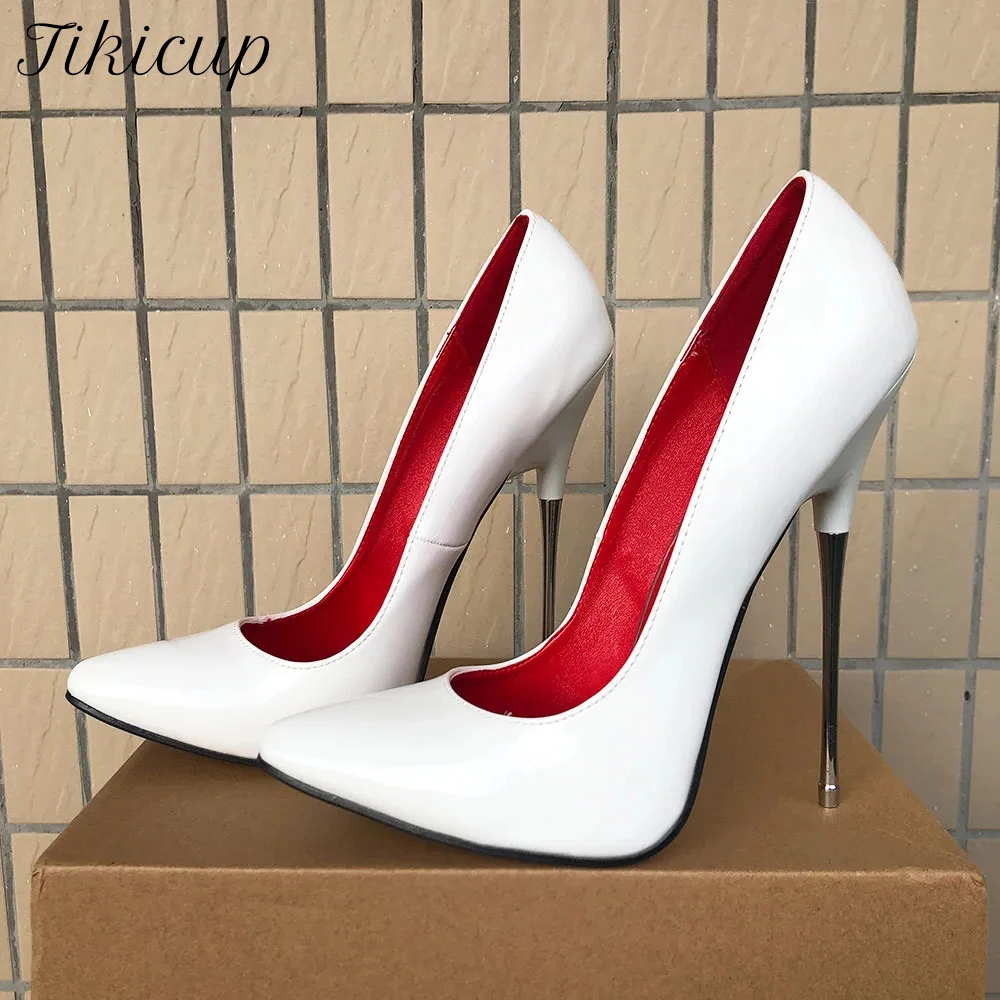 

Tikicup Glossy White 16cm Extremely High Metal Heels Women Sexy Pointy Toe Slip On Stiletto Pumps Big Size Stable Shoes 35-46