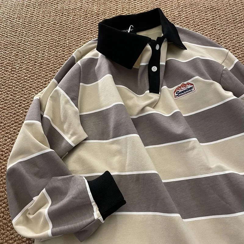 

Preppy Striped Polo Shirt Women Hip Hop Lapel Buttons Long Sleeve Sweatshirts 2022 Japan Retro Trend Patchwork Loose Pullovers