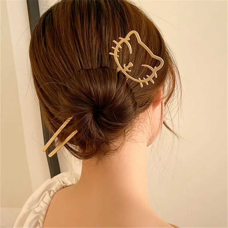 

Lovely Kawaii Gold Silver Color Metal Smile Cat Hair Sticks Simple Retro Smooth Matte Hollow Hairpin for Women Fashion Jewelry