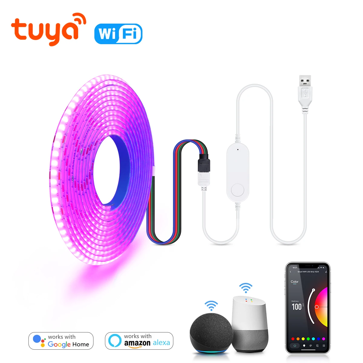 Malitai Tuya Wi-Fi USB 5V COB Светодиодная лента для Smart Life WiFi с регулируемой яркостью