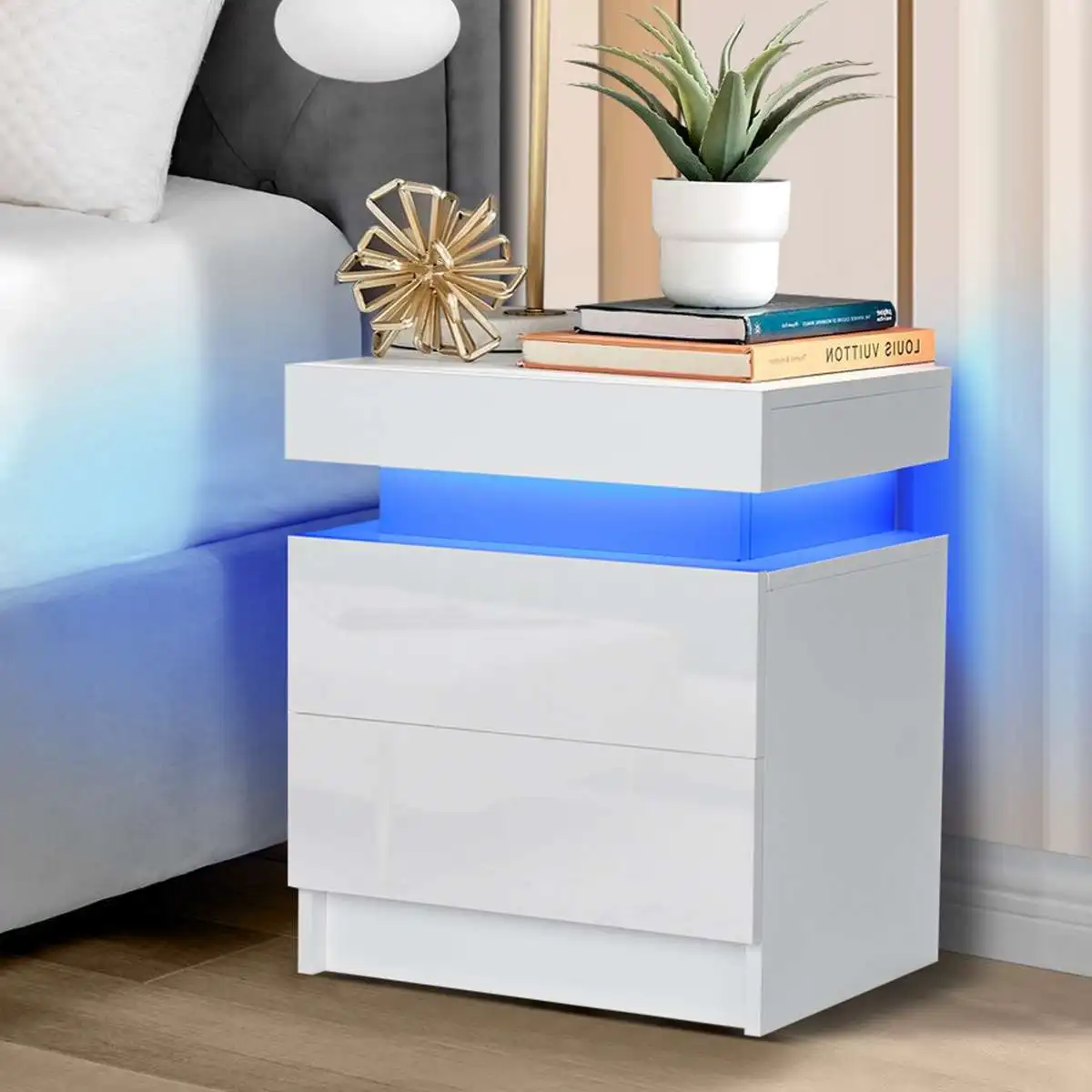 Ночной столик со светодиодной подсветкой современный RGB с 2 ящиками органайзер