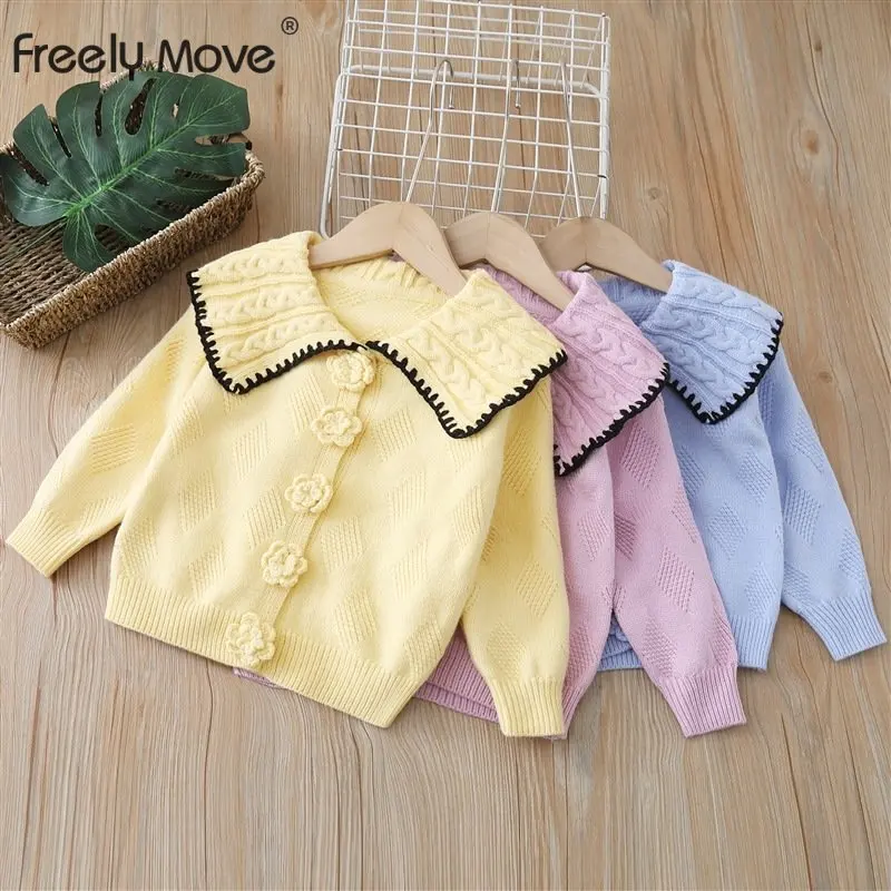 

Freely Move Knitted Sweater Kids 2022 New Autumn Winter Clothes for Girls Cotton Long Sleeve Lapel Cardigan Kids Knitted Outwear