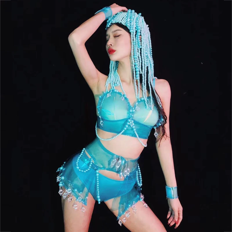 

Bar Nightclub Dj Ds Gogo Costumes Pearls Chain Headwear Sexy Transparent Blue Diamond Bikini Shorts Pole Dance Outfit XS3866