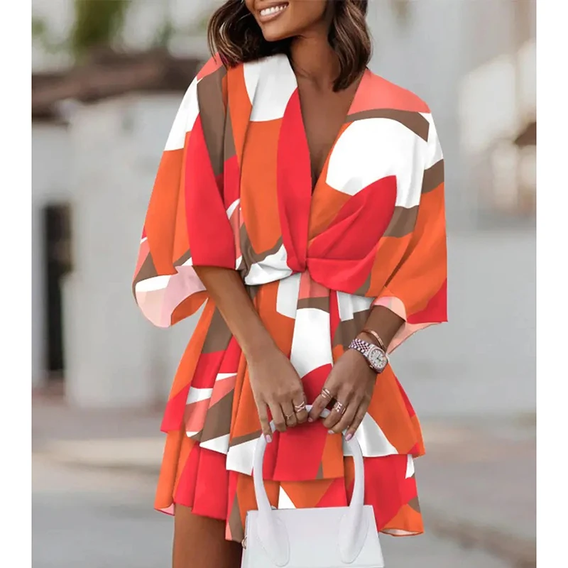 

Summer Beach Dress Loose Floral Mini Skirt V-neck Ruffled Batwing Sleeve Waist Women's 1-piece Prom Costume Sexy Bold Holiday