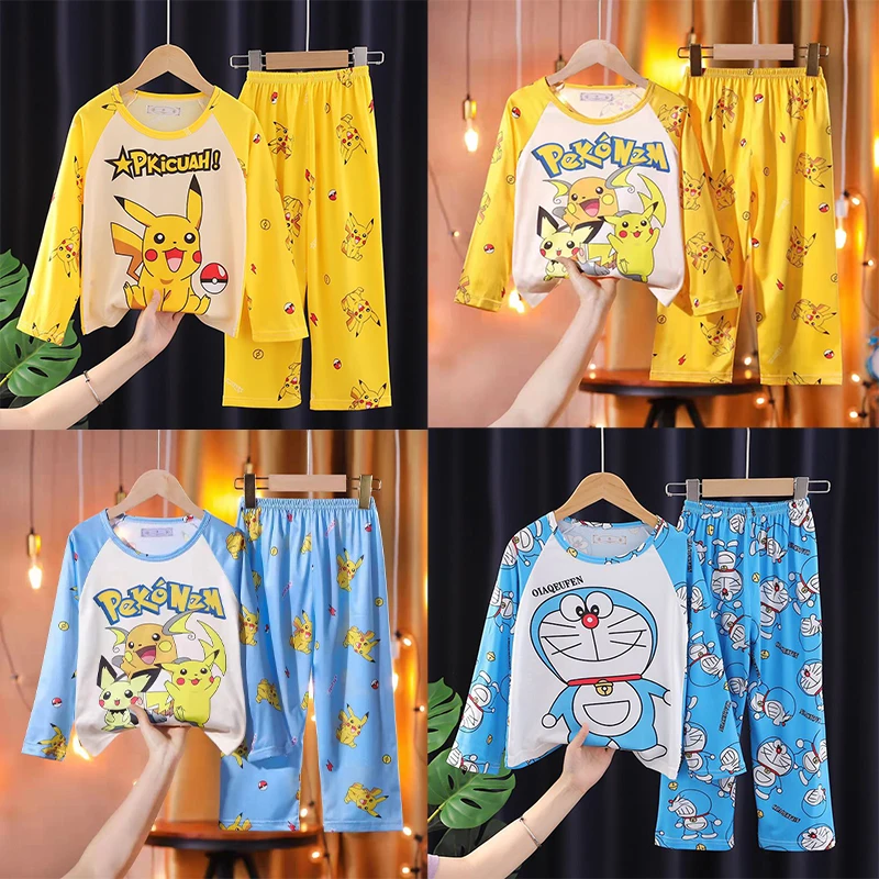 

2022 Pokemon Pikachu Kawaii Cartoon Boys Girls Cotton Pajamas Autumn Travel Casual Pajmas Set