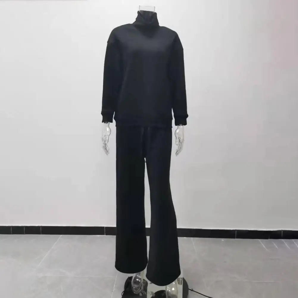 

2 Pcs/Set Trendy Sweatshirt Sweatpants Suit Elastic Waist Turtleneck Women Tracksuit Wide Leg Lady Winter Outfit Set