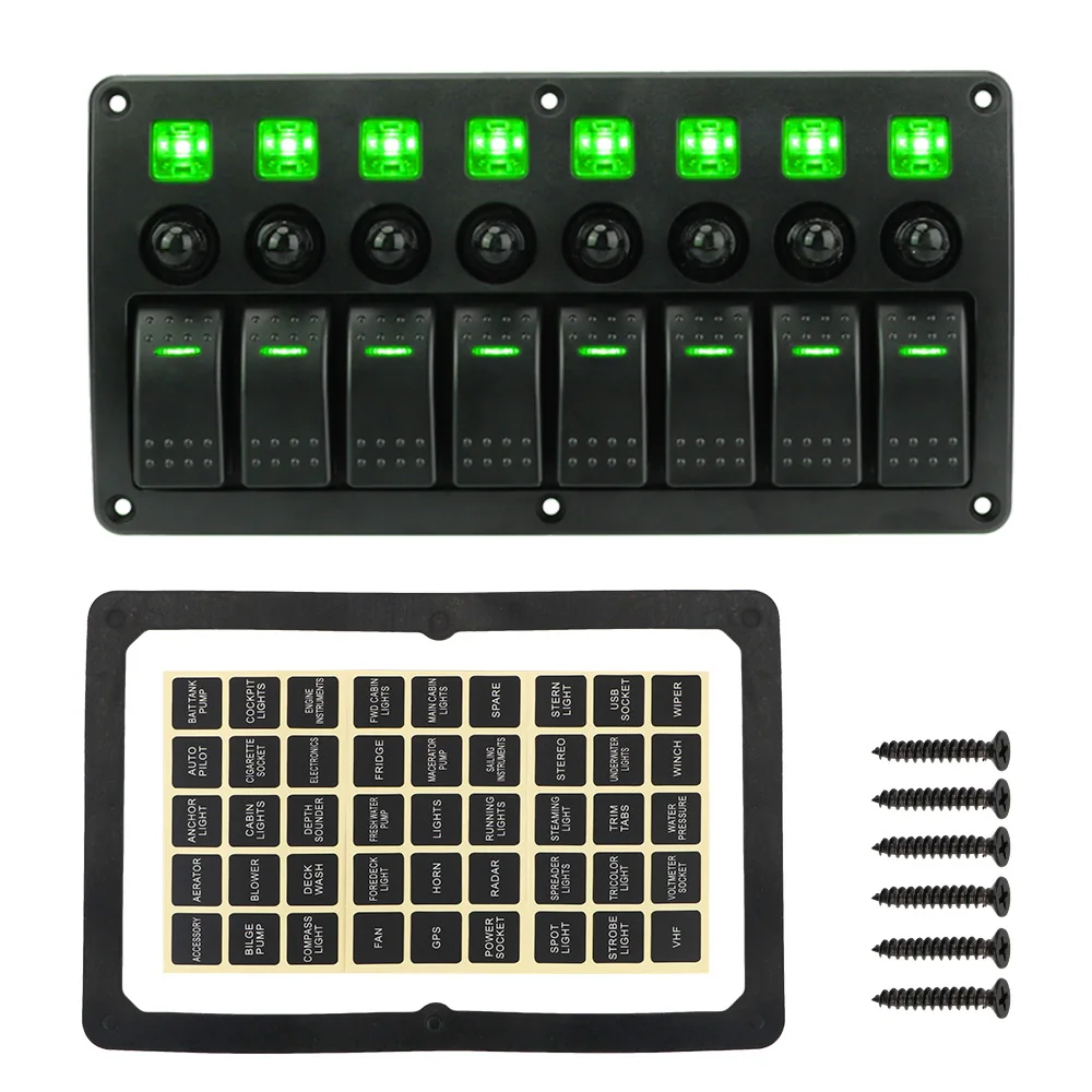 Rocker Switch Panel Waterproof 12/24V Car Vehicle Truck RV SUVS Marine Circuit Breakers With Fuse 8 Gang LED Switch Panel