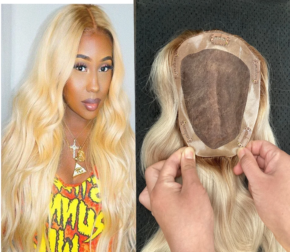 Ombre Blonde 613 Color Toupee 1cm PU Around Mono Base Women Toppers with Clips  Body Wave Women Toupee 15x13cm For Thinning Hair