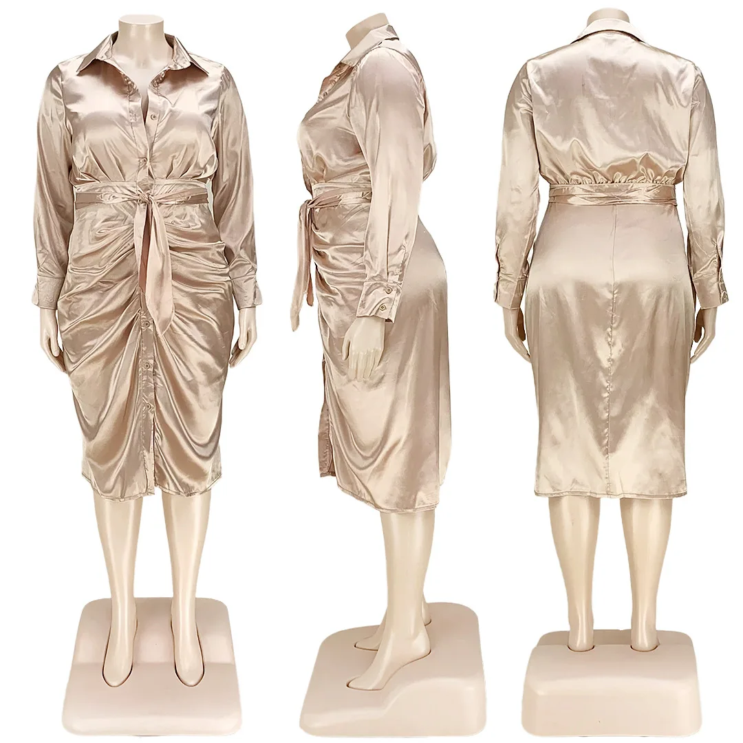 Plus Size Elegant Dress For Chubby Women Satin Long Sleeve Party Dress 2023 Spring Casual Robe Female Designer Fashion Outfit
