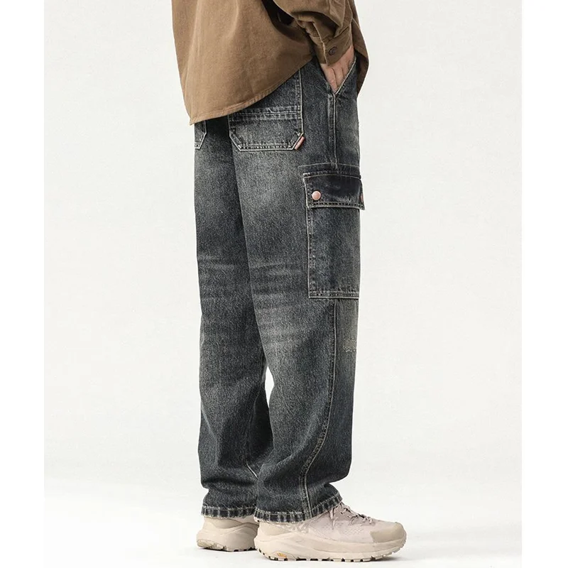 Men's Pattern Vintage Recreational Blue Black Multiple Pockets Jeans Loose Straight Cylinder Broad Leg Trousers Autumn Female