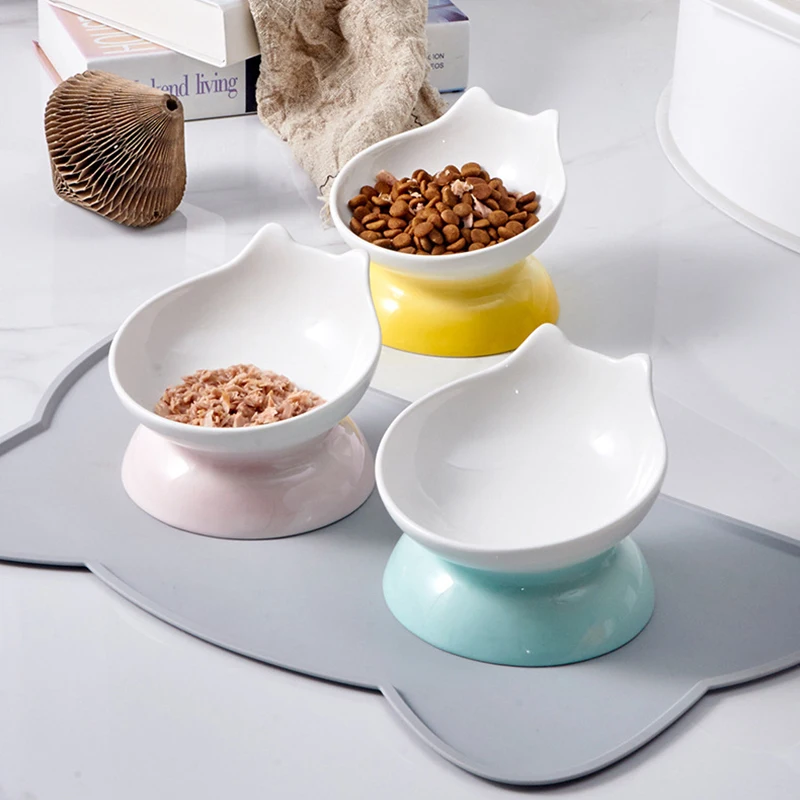 

Cat Cute Ceramic Bowl Small Dog High Foot Food Water Feeders Pet Neck Guard Drinking Eating Accessories Gradient Color Bowls
