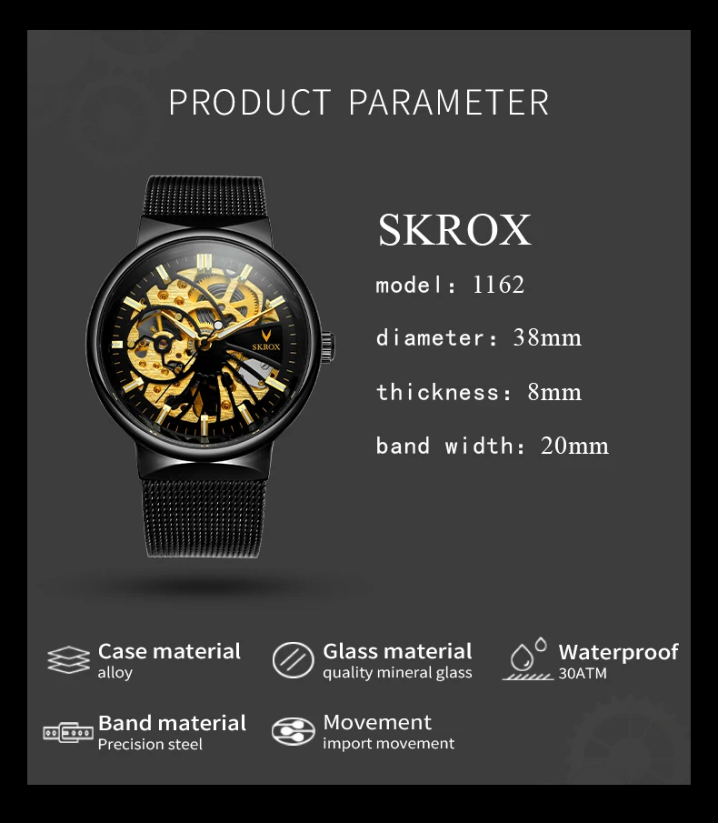 SKROX: Мужские наручные часы класса люкс, стальные, ультратонкие, механические, с сетчатым ремешком, водонепроницаемые, с ручным заводом (art.: 3920dac85dd87) - 3920dac85dd87