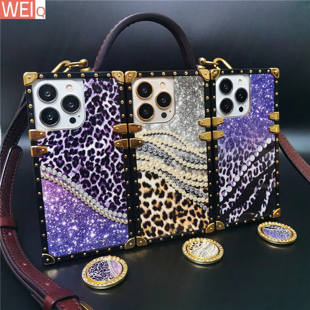 

Fashion Square Cover Bling Diamonds Pearl Leopard Case For Samsung Galaxy S22 Ultra S23 Plus Note 20 10 9 S21 FE S20 Plus S10 S9