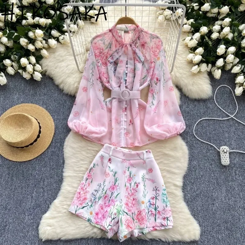 Женский комплект из двух предметов шифоновая блузка с цветочным принтом бантом