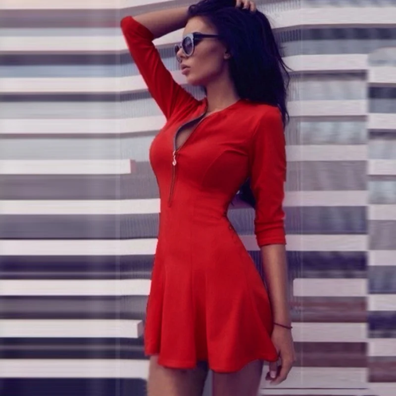 

2019Summer New European Women's Clothing European and American Style ZipperVCollar Slimming Solid Color Dress Slim dress