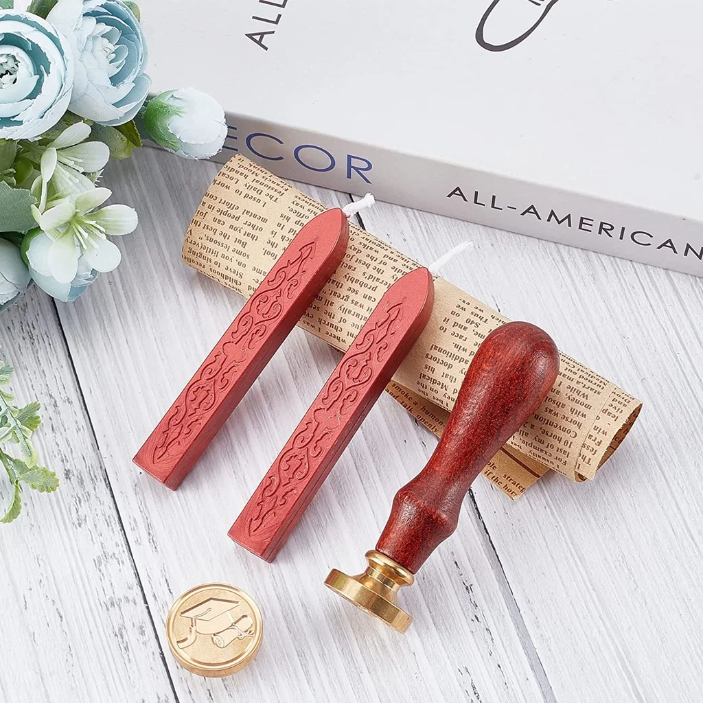 2PCS Wax Seal Stamp Heads Bachelor Cap & Hourglass with Universal Wood Handle and Red Sealing Sticks for Card Envelopes |