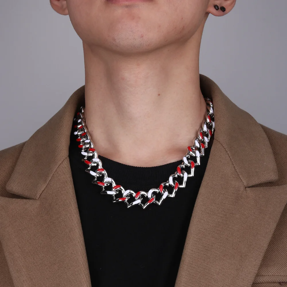 

Luxury Men's Women's Fashion Hip Hop Cuban Link Chain Heart Necklace Dripping Oil Red Iced Out Choker Rock Rap Alloy Jewelry