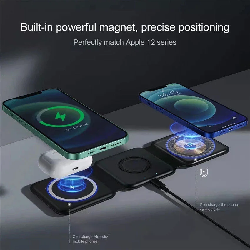 3 in 1Strong Magnetic Wireless Charger Pad Stand for iPhone 14 13 12 Pro Max Airpods iWatch  Fast Wireless Charging Dock Station