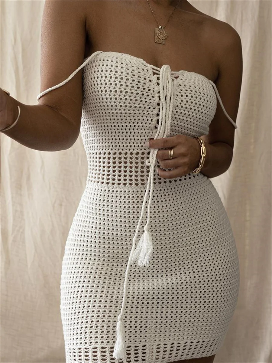 

wsevypo Chic Spaghetti Straps Knit Crochet Mini Dress Summer Women Sleeveless Sling Lacing Hollowed Out Strapless Short Dress