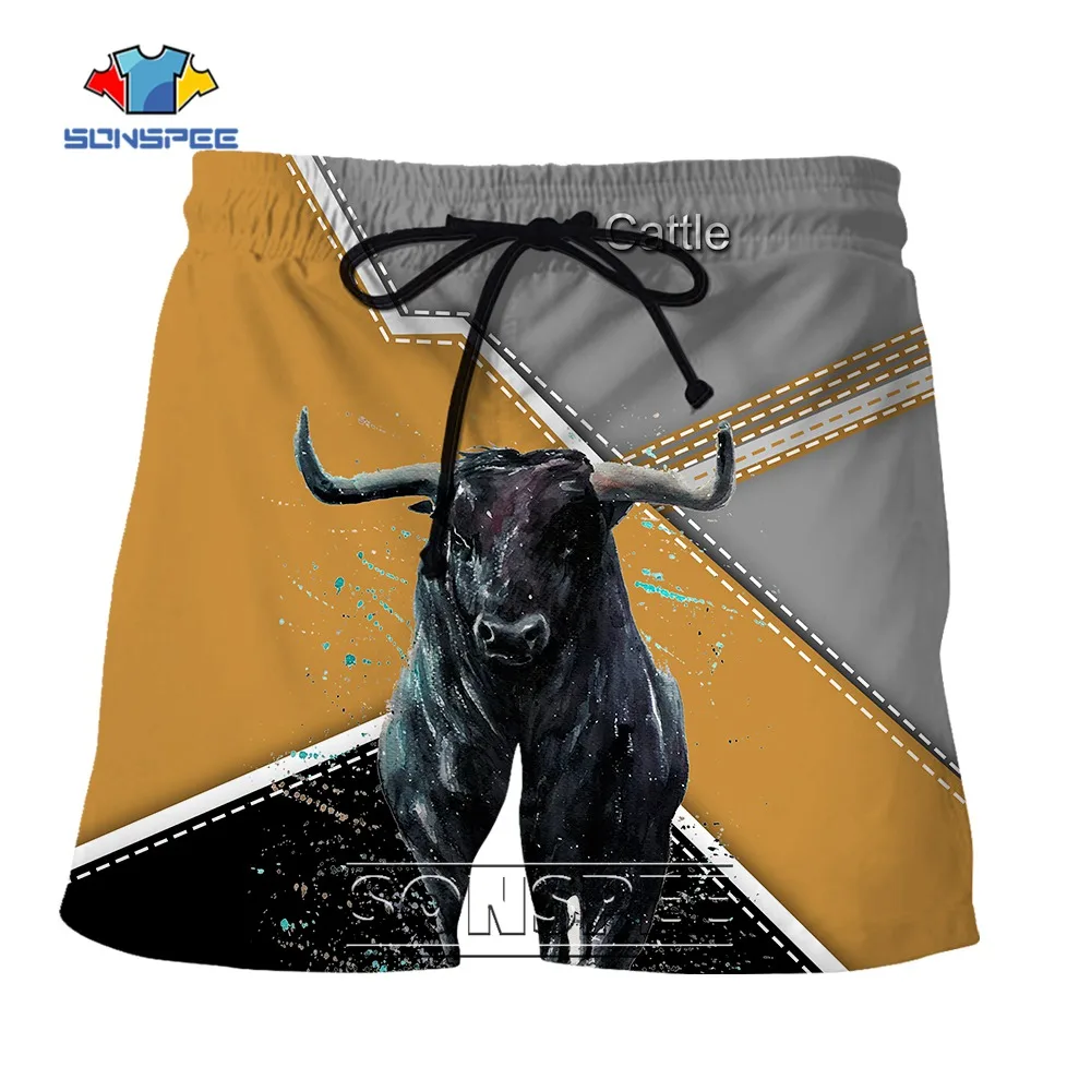 

SONSPEE Hunting Animal Spanish Bullfight Bull 3D Print Men's Shorts Summer Street Casual Short Pants Thin Elastic Beach Shorts