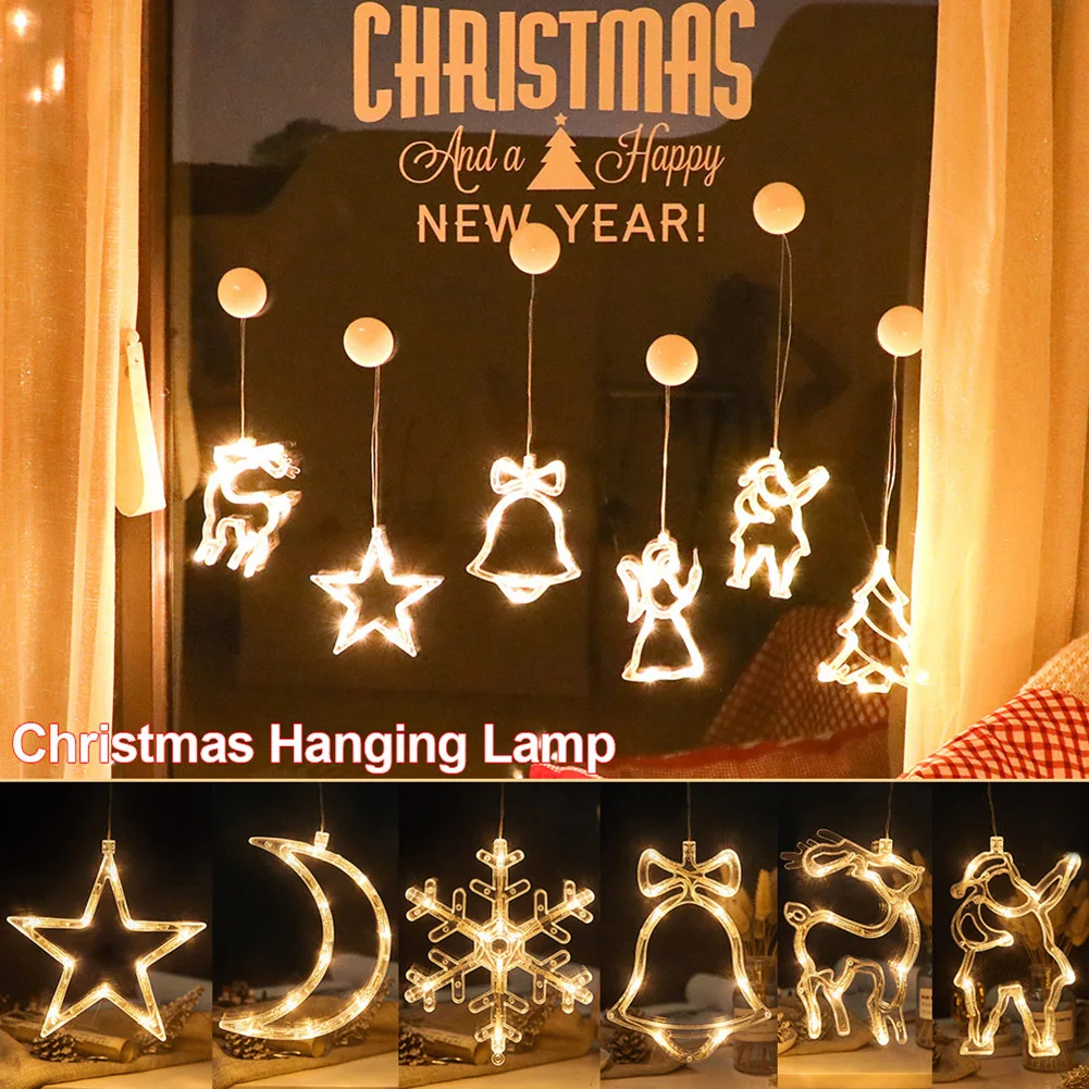 

Christmas LED String Light Star Bell Snowman Elk Suction Cup Fairy Light Pendent for Home Xmas Tree Window Hanging Decoration