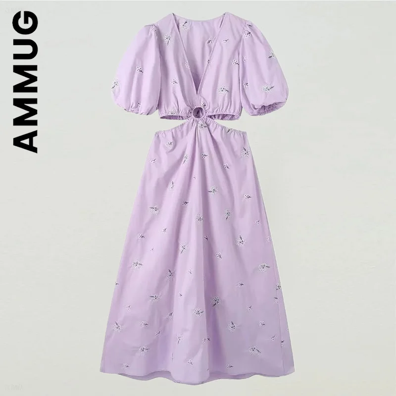 

Ammug Women Dress New Floral Embroidery Poplin Hollow Out Midi Dress Puff Sleeve Backless Dresses Chic Vestidos Female Woman