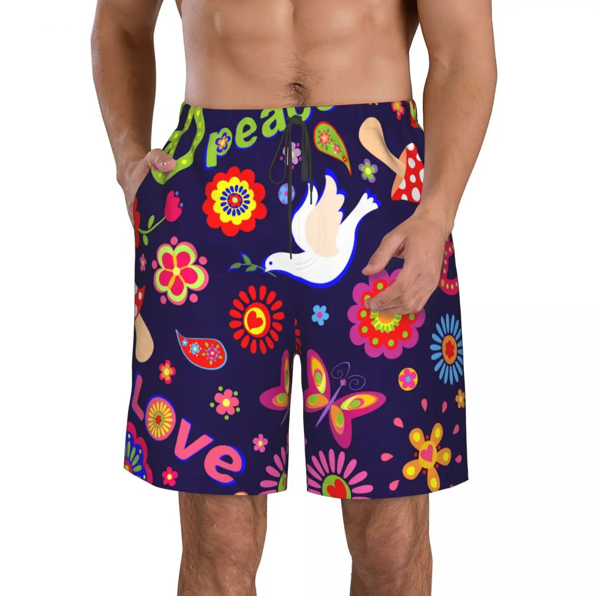 

Быстросохнущие шорты для плавания для мужчин, одежда для плавания, Мужской купальный костюм, плавки, летняя пляжная одежда для купания, мир, хиппи, цветочный символ, голубь