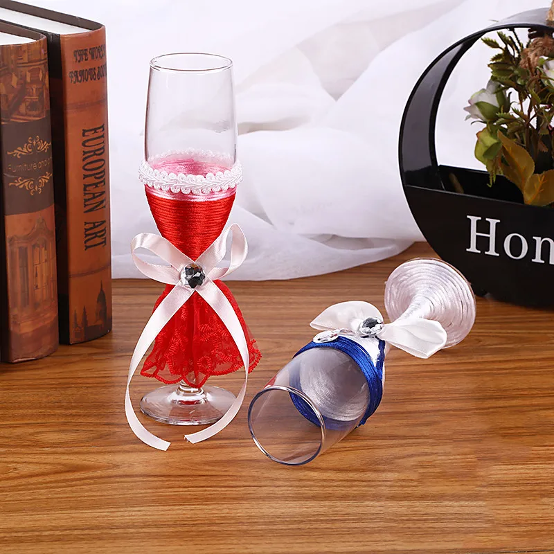 

1 Pair Bridal Wedding Pair Cup Pink Champagne Glass Dress Style silk ribbon Rope Champagne Goblet Couple Wedding Decor Supplies