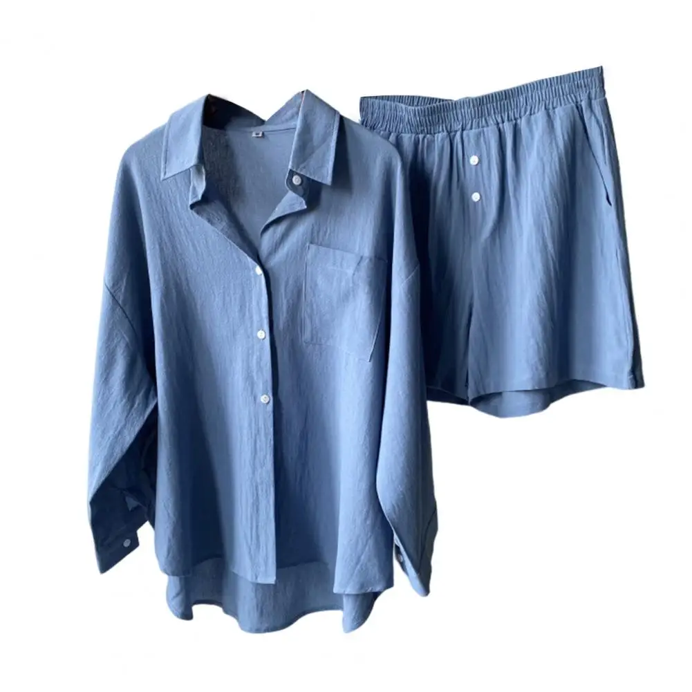 

2 Pcs/Set Women Tops Shorts Set Solid Color Casual Loose Type Single-breasted High Waist Blouse Pants Suit Women's 2-piece
