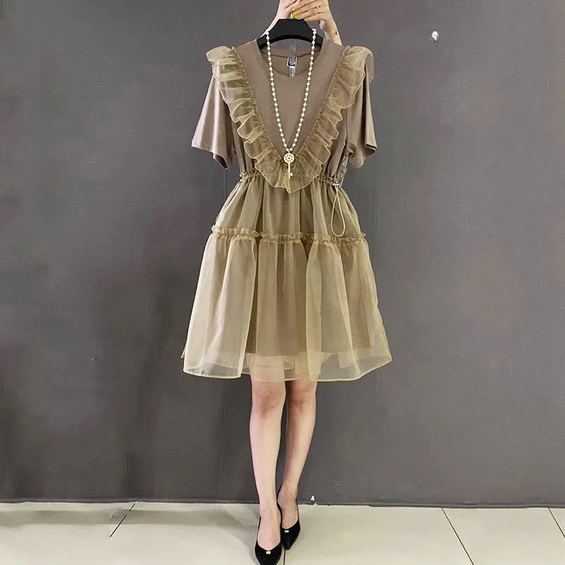 

Elegant Fashion Ruffles Gauze Spliced Dress Women's Clothing 2023 Summer Korean Casual Solid Color Short Sleeve Dresses Female