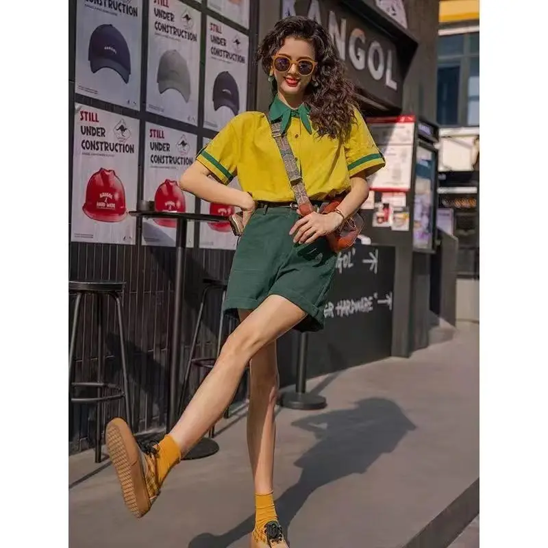 

Women Seits Vintage Summer Mori Girl Office Lady Short Pullover Turn-down Collar T-shirt Short Pants 2 Piece Set Small Fresh