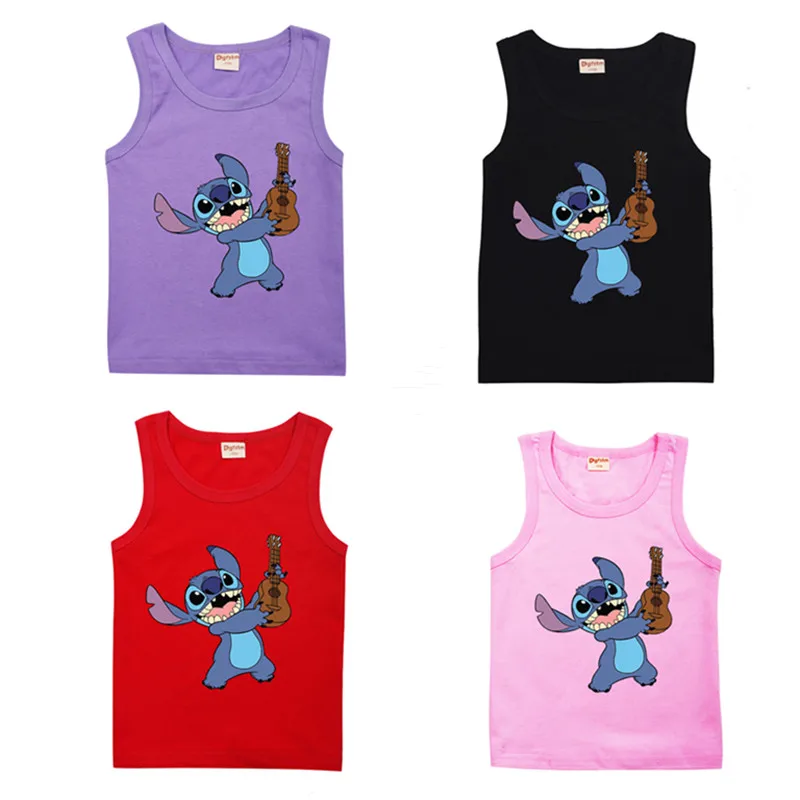 

2022 Disney Kids Vests Lilo & Stitch Graffiti Print Boys Girls Kids Summer Casual Short Sleeve Children Fashion Top Infant Tee