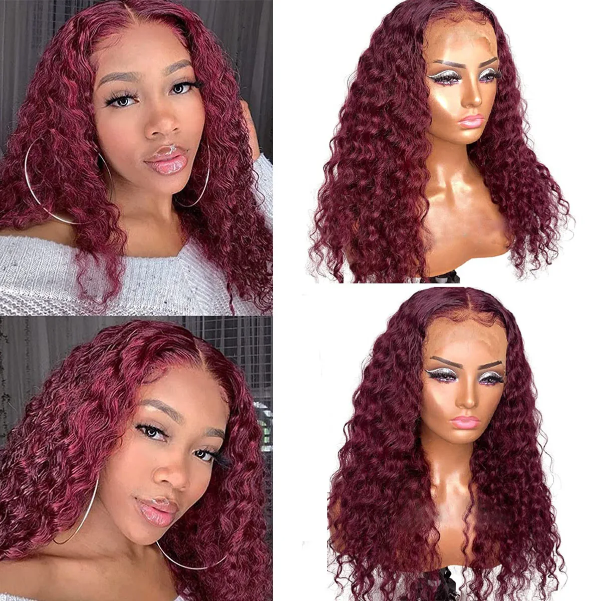 Curly Burgundy Lace Front Wig Deep Wave Pre Plucked 13x1 T Part Human Hair Wigs For Women Glueless 99J Lace Frontal Wig