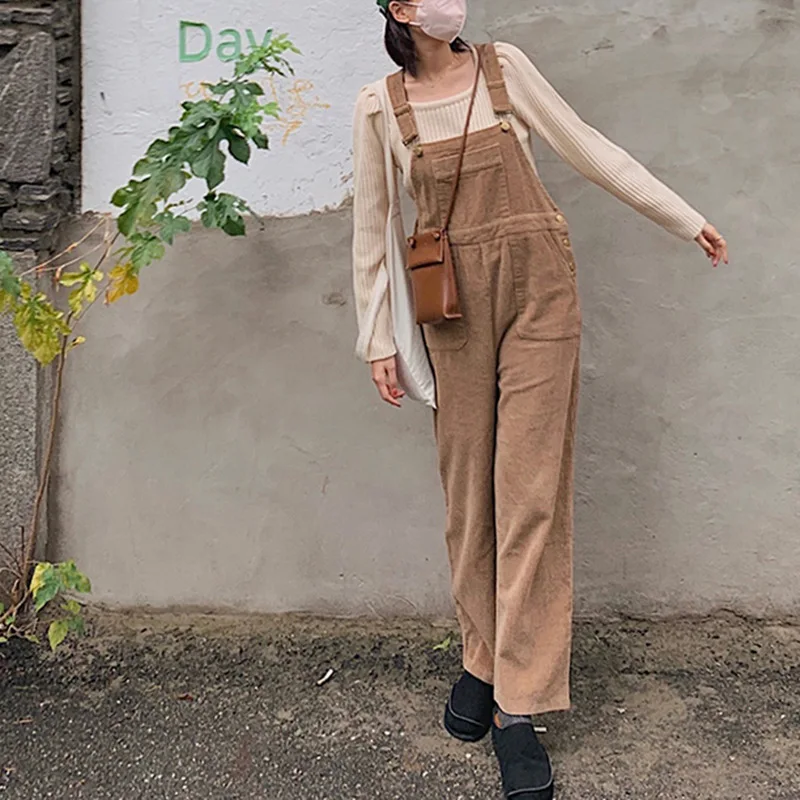 Corduroy Solid Color Wide-leg Straight High-waist Overalls Women's Autumn and Winter Street Style Loose Casual Overalls Trousers